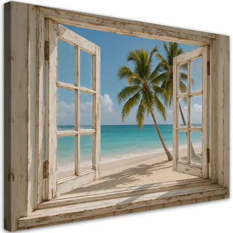 Wandbild Fensterblick auf Shabby Chic Palmen am Strand 60x40 cm