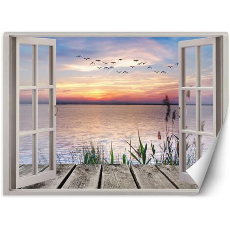 Fototapete, Fenster mit Blick auf die untergehende Sonne – 140x100