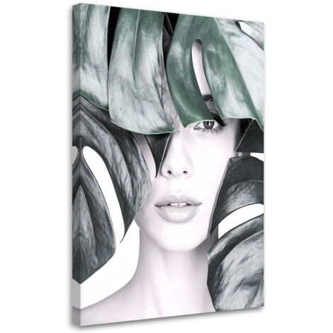 Wandbild Porträt einer Frau und Monstera-Blättern 40x60 cm (1/5)