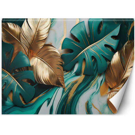 Fototapete Monstera Blätter Gold Türkis Marmor 200x140 cm