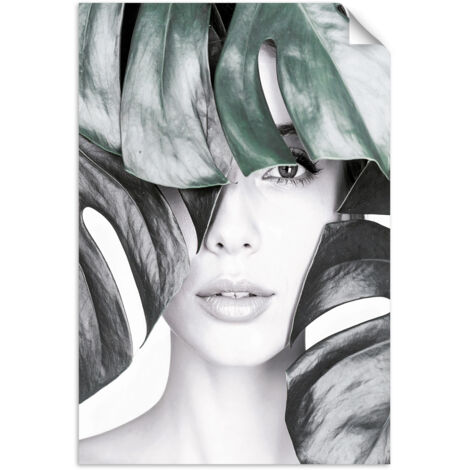 Selbstklebendes Poster – Wandsticker Porträt einer Frau und Monstera-Blättern 100x150 cm