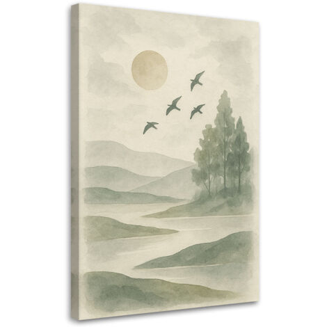Wandbild Japandi Naturlandschaft Aquarell Beige Wald Flugzeuge 40x60 cm (1/5)