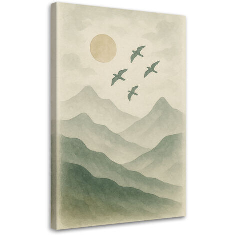 Wandbild Japandi Vögel Berge Aquarell Grün Natur 40x60 cm (1/5)