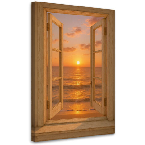 Wandbild Blick aus einem Fenster auf den Sonnenuntergang am Strand 40x60 cm (1/5)