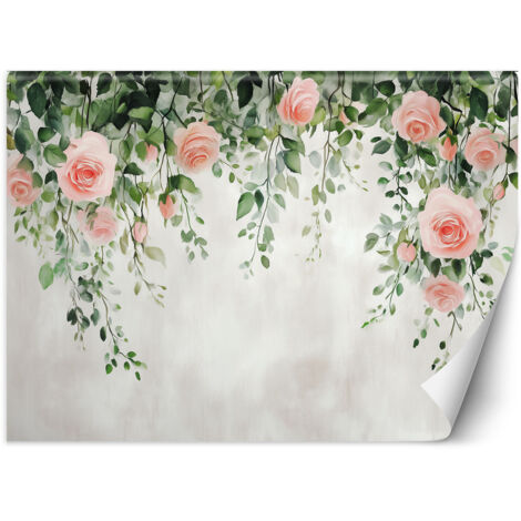 Fototapete Hängende Rosen Blumen grüne Blätter Beton 250x175 cm