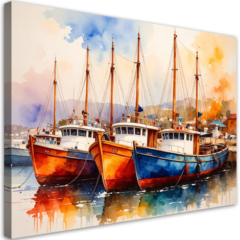 Modernes Wandbild für das Wohnzimmer Bunte Boote Schiffe im Hafen 100x70 cm