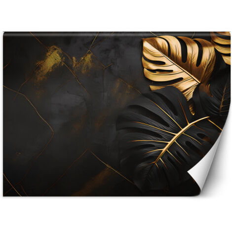 Fototapete goldene und schwarze Monstera-Blätter auf einem abstrakten Hintergrund 200x140 cm