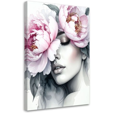 Wandbild Mädchen mit Pfingstrosenblüten auf dem Kopf 60x90 cm