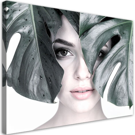 Wandbild Porträt einer Frau und Monstera-Blättern 90x60 cm (1/5)