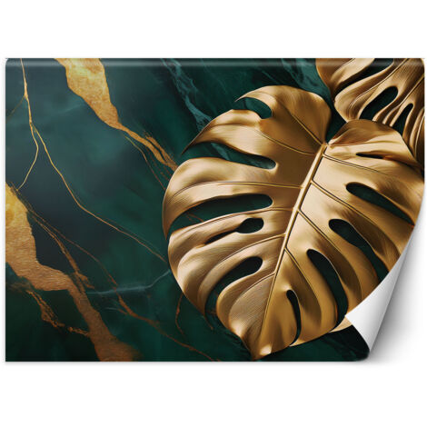 Fototapete Monstera Goldblatt auf grünem Marmor-Hintergrund 200x140 cm