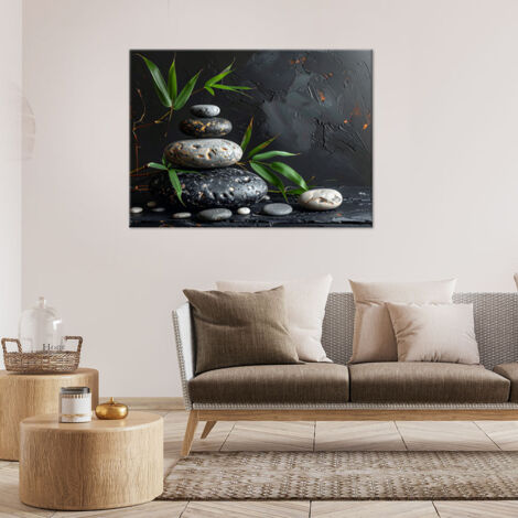 Wandbild Zen-Spa-Steine Bambusblätter schwarz 100x70