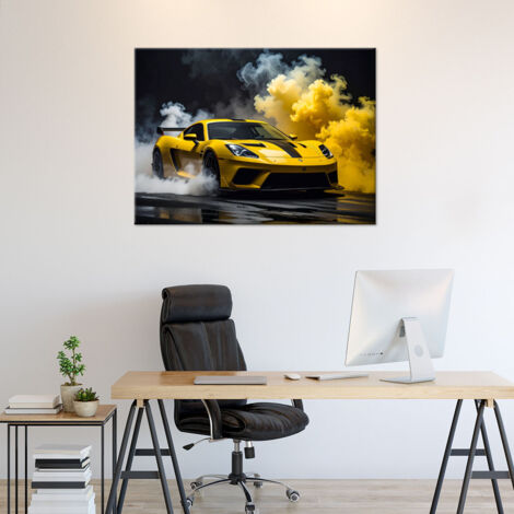 Wandbild Gelber Sportwagen im Nebel 100x70 (1/4)