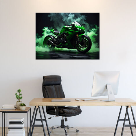 Wandbild Grünes Motorrad Motorradrennfahrer 60x40 (1/4)
