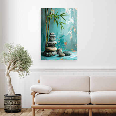 Wandbild Zen Spa Steine Blätter auf türkisfarbenem Hintergrund 60x90 (1/4)