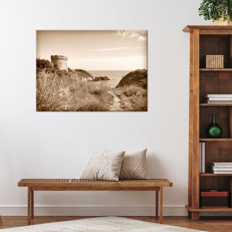 Wandbild Meereslandschaft Sepia Klippenweg Turm Retro-Stil 100x70 (1/4)
