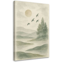 Wandbild Japandi Naturlandschaft Aquarell Beige Wald Flugzeuge 60x90 cm