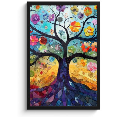 PÓSTER ENMARCADO Arte - Árbol de la vida - Flores - Hippie Decoracion Pared Salon 40x60