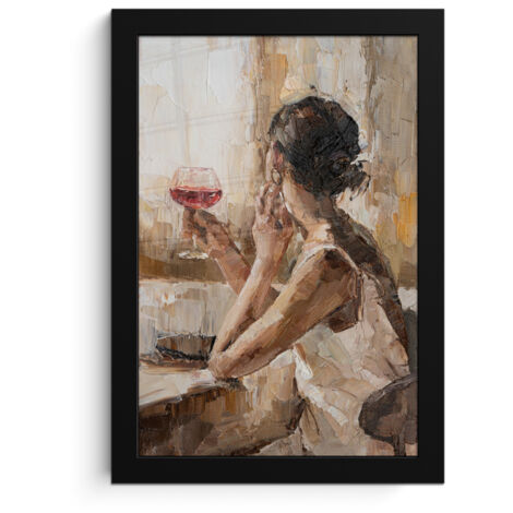 PÓSTER ENMARCADO Pintura al óleo - Mujer - Vino Cuadros 20x30