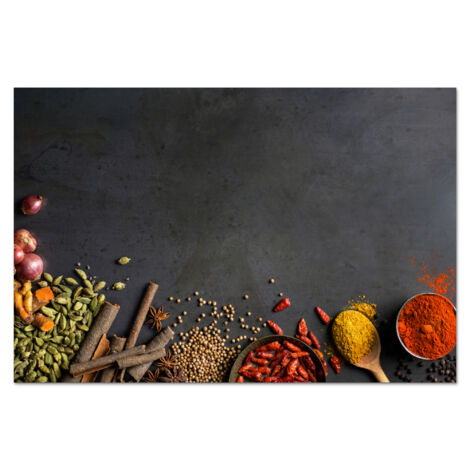 PANEL ANTISALPICADURAS COCINA Hierbas - Alimentos - Especias - Negro - Pimentón - Canela 90x60