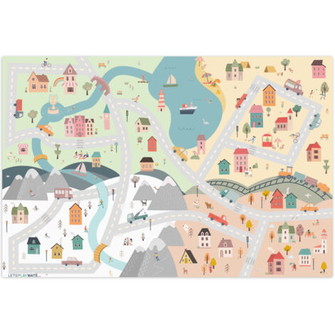 ALFOMBRA INFANTIL Estaciones - Ciudad - Casas - Carretera - Niños - Coche 105x70
