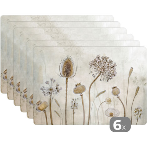 MANTELES INDIVIDUALES Flores - Acuarela - Naturaleza muerta - Marrón - Vintage Set de 6 Salvamanteles Plástico 45x30