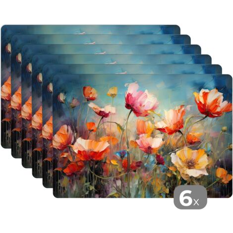MANTELES INDIVIDUALES Flores - Acuarela - Arte - Botánica - Naturaleza Set de 6 Salvamanteles Plástico 45x30