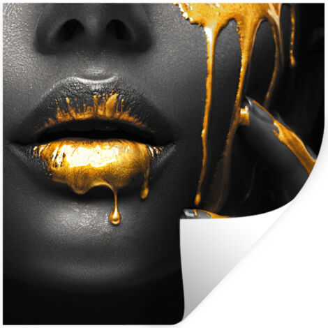 ADHESIVO DE PARED Mujer - Negro - Oro - Cara - Labios 50x50