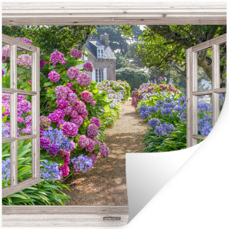 ADHESIVO DE PARED Hortensia - Transparente - Flores - Verano - Morado - Camino 50x50