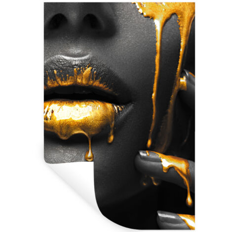 ADHESIVO DE PARED Mujer - Negro - Oro - Cara - Labios 80x120