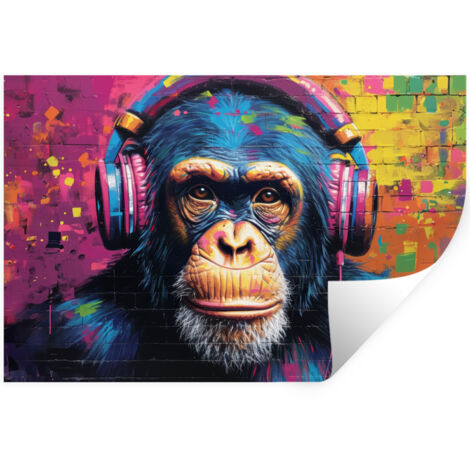 ADHESIVO DE PARED Graffiti - Chimpancé - Arte callejero - Auriculares - Mono 120x80