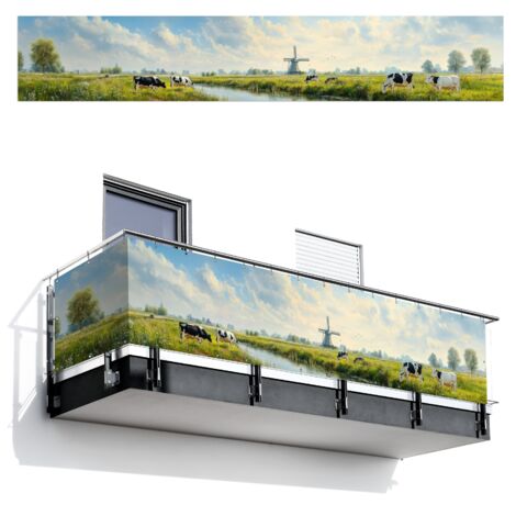 PANTALLA DE PRIVACIDAD PARA BALCÓN Vacas - Molino - Pradera - Azul 500x90