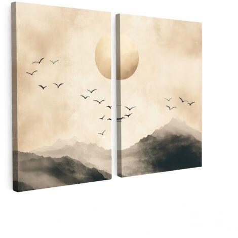 CUADRO EN LIENZO Paisaje - Japandi - Beige - Pájaros Set de 2 160x120