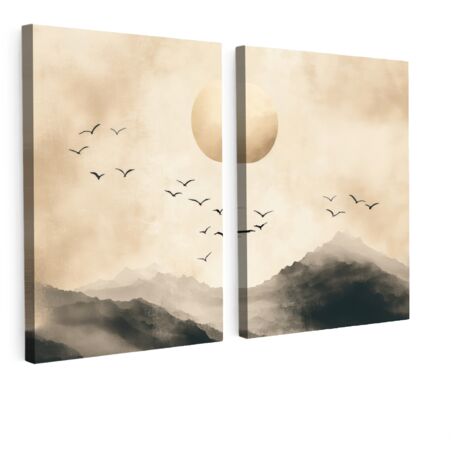 CUADRO EN LIENZO Paisaje - Japandi - Beige - Pájaros Set de 2 180x120