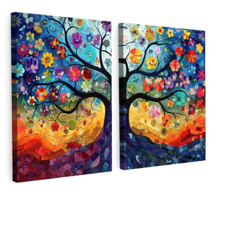 CUADRO EN LIENZO Colorido - Árbol de la vida - Flores - Abstracto Set de 2 180x120