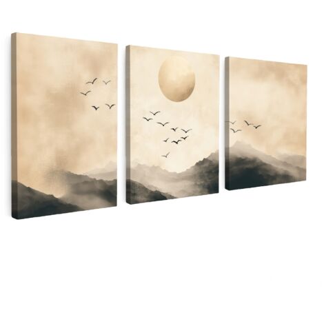 CUADRO EN LIENZO Paisaje - Japandi - Beige - Pájaros Tríptico Set de 3 90x40