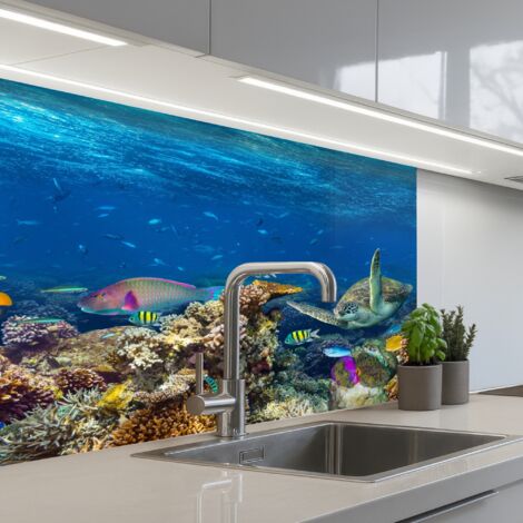 SALPICADEROS DE COCINA Paisaje submarino - Pez - Tortuga - Azul 80x60