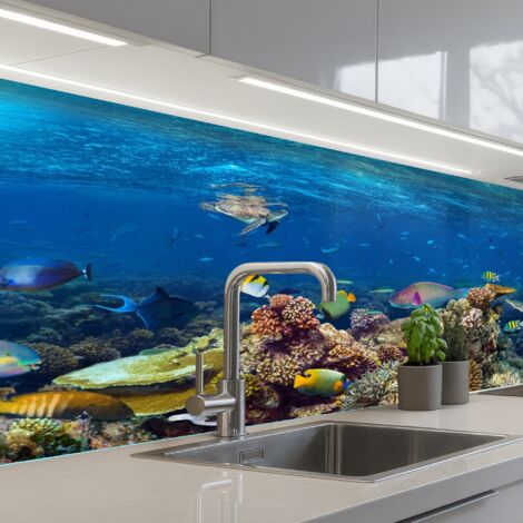 SALPICADEROS DE COCINA Paisaje submarino - Pez - Tortuga - Azul 150x60