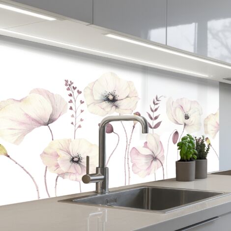 SALPICADEROS DE COCINA Flores - Pastel - Plantas - Blanco 100x60