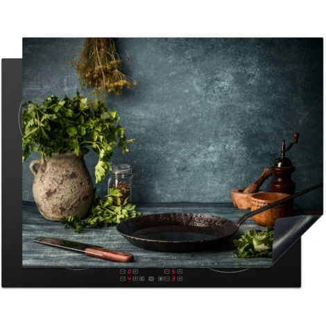 PROTECTOR DE PLACAS DE INDUCCIÓN Hierbas - Especias - Sartén - Cuchillo - Gris - Rústico Tapa Protectora De Cocina 77x59 cm