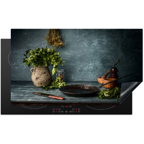 PROTECTOR DE PLACAS DE INDUCCIÓN Hierbas - Especias - Sartén - Cuchillo - Gris - Rústico Tapa Protectora De Cocina 91.6x52.7 cm