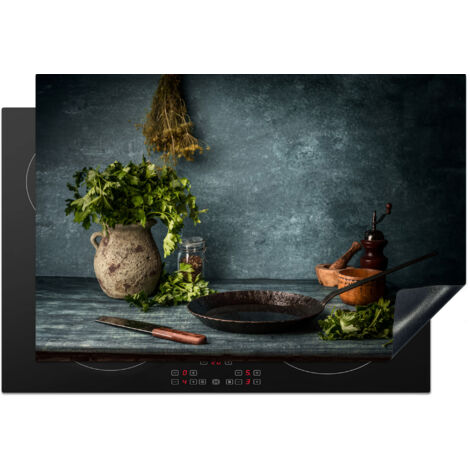 PROTECTOR DE PLACAS DE INDUCCIÓN Hierbas - Especias - Sartén - Cuchillo - Gris - Rústico Cocina 76x51.5 cm