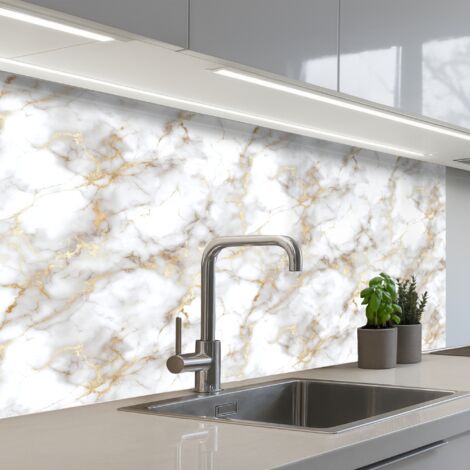 SALPICADEROS DE COCINA Vetas doradas - Mármol - Blanco 100x60
