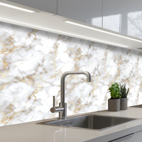 SALPICADEROS DE COCINA Vetas doradas - Mármol - Blanco 150x80