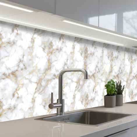 SALPICADEROS DE COCINA Vetas doradas - Mármol - Blanco 250x60