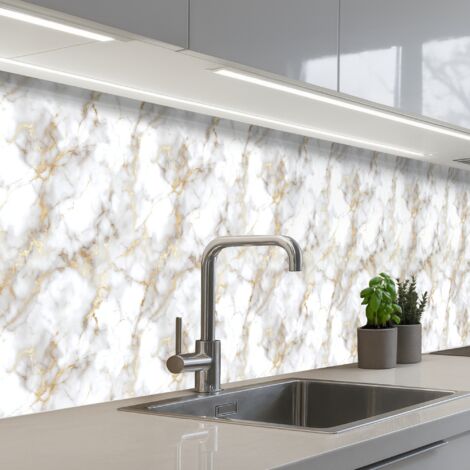 SALPICADEROS DE COCINA Vetas doradas - Mármol - Blanco 500x80