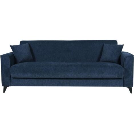 Canapé convertible 3 places - BERGAMO - Tissu bleu foncé - 2 coussins - coffre de rangement - 230 x 85 x 89 cm (1/5)