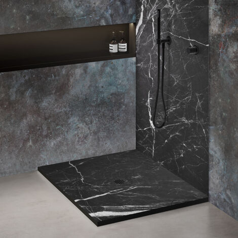 Receveur de douche 120x120 cm en résine effet marbre noir avec caniveau (1/5)