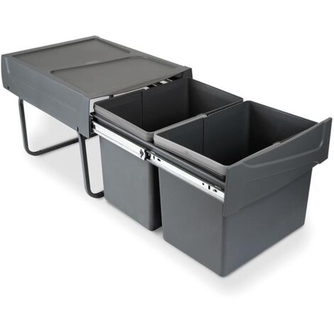Emuca Contenedor de reciclaje para fijación inferior y extracción manual en mueble de cocina 2x15litros, Plástico gris antracita