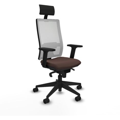 Horna sincro malla blanca similpiel marrón oscuro brazos 2D base piramidal cabecero fijo ruedas 65mm nailon (1/5)