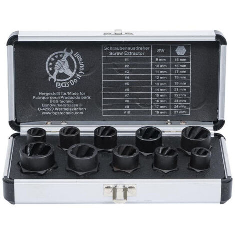 Juego de llaves de vaso de perfil en espiral/ extractores de tornillos  10 mm (3/8") 10 mm (3/8")  perfil en espiral 9 - 19 mm  10 piezas